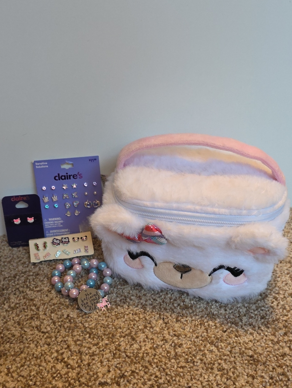 Claire's Fuzzy Makeup Bag And Girl's Stud Earrings And Pendants